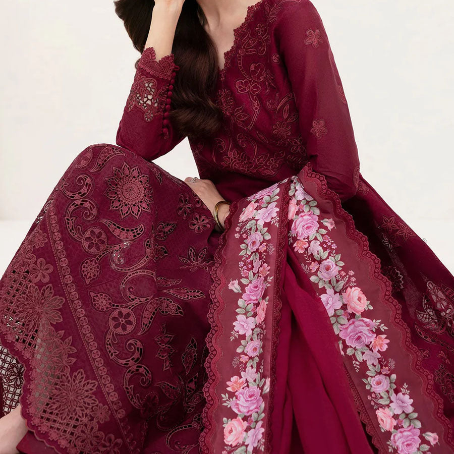 Baroque Embroidered Lawn – Unstitched Lawn Dress with Intricate Embroidery for Women – Floral Embroidery, Lace Detailing, Cutwork & Lace Festive Outfit