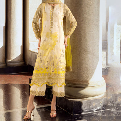 Charizma Festive Unstitched Collection 2025 – Two models wearing elegant embroidered Pakistani suits in pastel blue and golden yellow, featuring intricate handwork, sequins, and delicate embellishments, perfect for Eid celebrations and festive occasions.