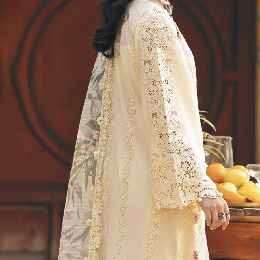 Luxury Unstitched Dress – Floral Embroidery, Lace Detailing, Cutwork & Lace Festive Outfit
