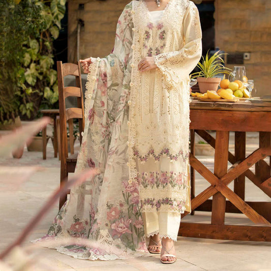 Luxury Unstitched Dress – Floral Embroidery, Lace Detailing, Cutwork & Lace Festive Outfit
