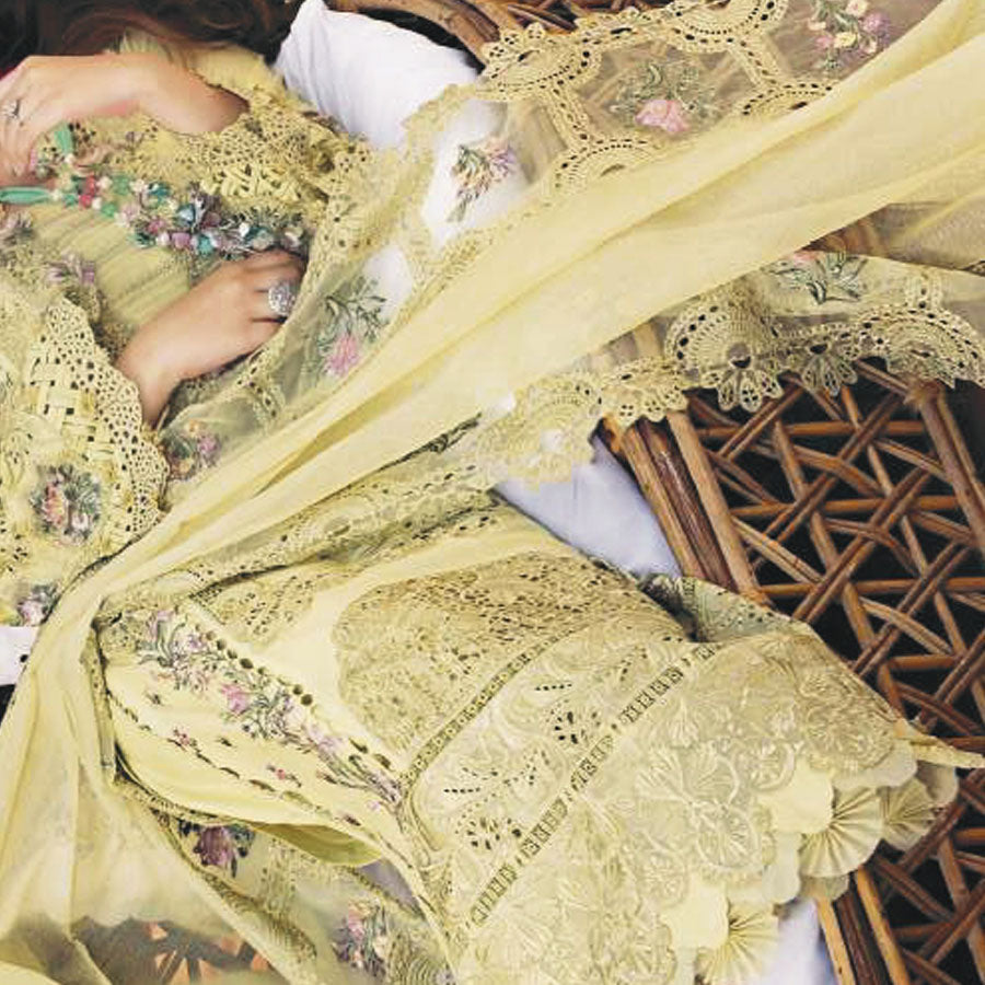 Luxury Unstitched Dress – Floral Embroidery, Lace Detailing, Cutwork & Lace Festive Outfit