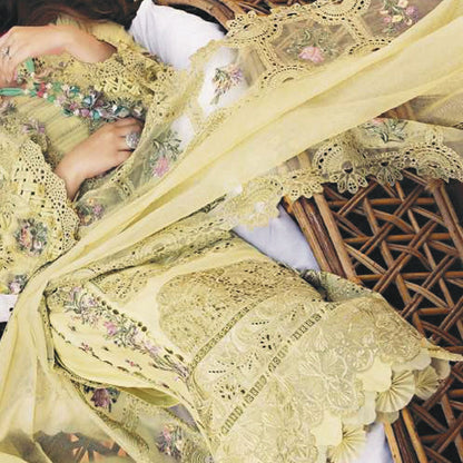 Luxury Unstitched Dress – Floral Embroidery, Lace Detailing, Cutwork & Lace Festive Outfit