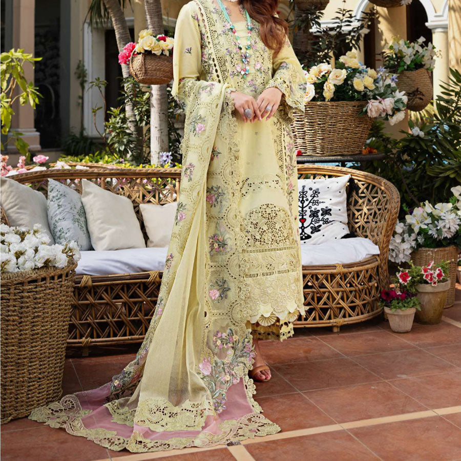 Luxury Unstitched Dress – Floral Embroidery, Lace Detailing, Cutwork & Lace Festive Outfit