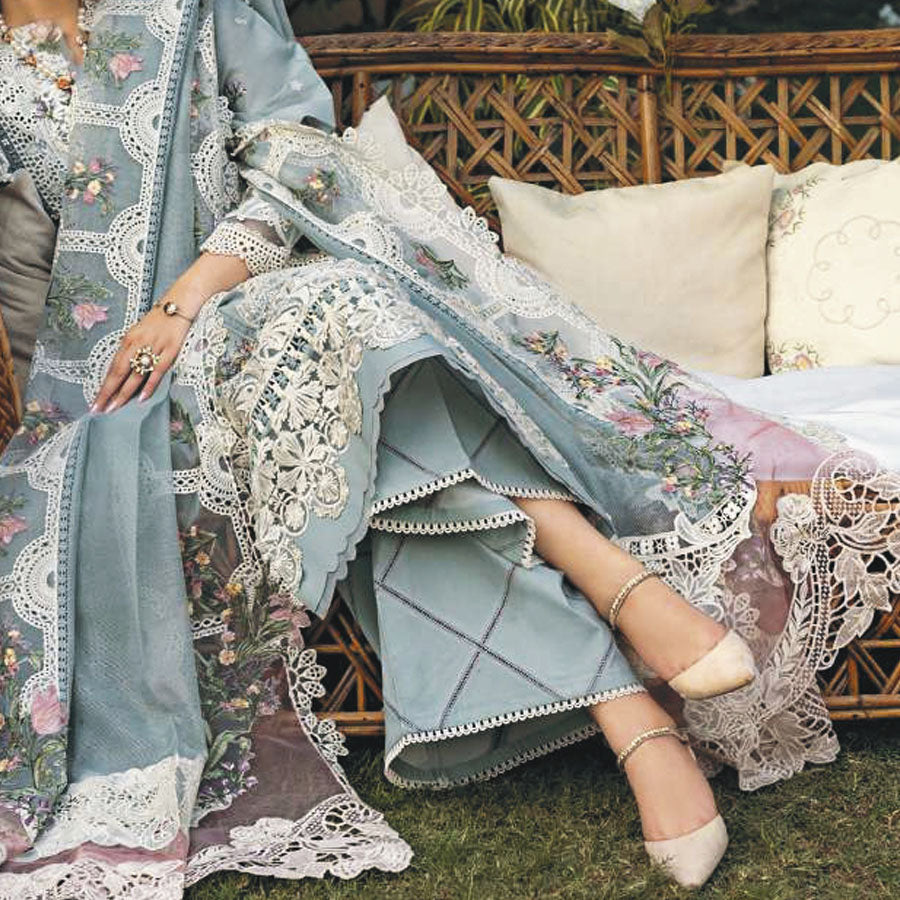 Luxury Unstitched Dress – Floral Embroidery, Lace Detailing, Cutwork & Lace Festive Outfit