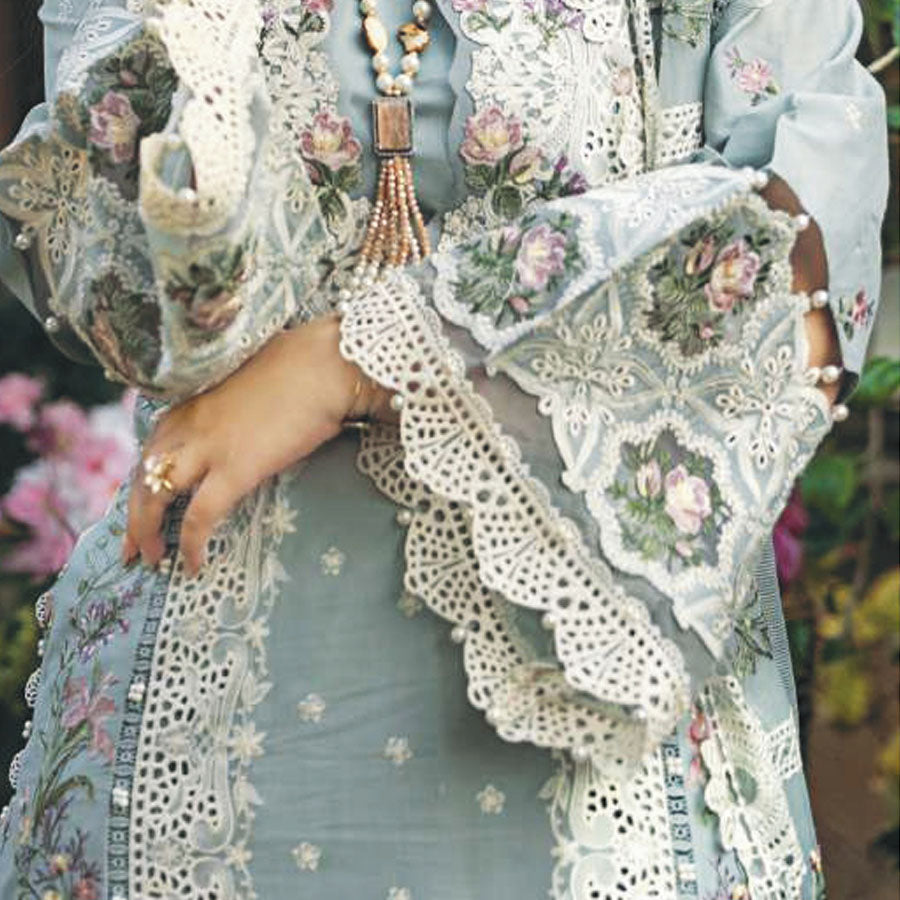 Luxury Unstitched Dress – Floral Embroidery, Lace Detailing, Cutwork & Lace Festive Outfit