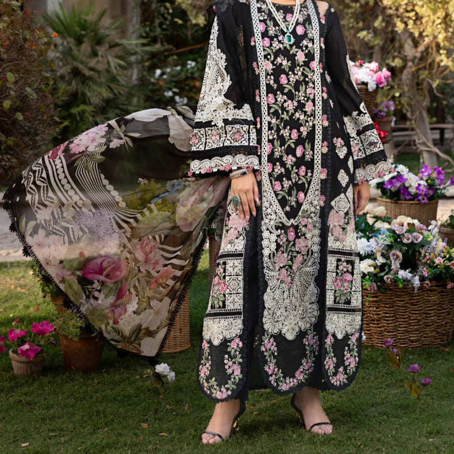 Luxury Unstitched Dress – Floral Embroidery, Lace Detailing, Cutwork & Lace Festive Outfit