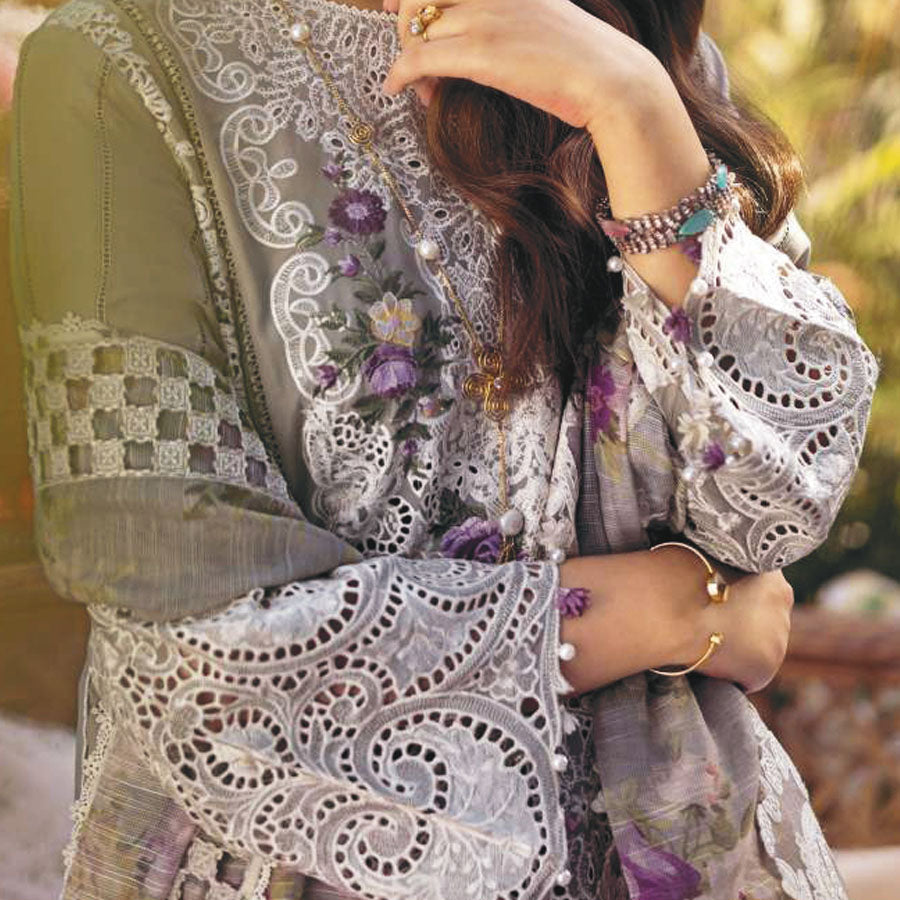 Luxury Unstitched Dress – Floral Embroidery, Lace Detailing, Cutwork & Lace Festive Outfit