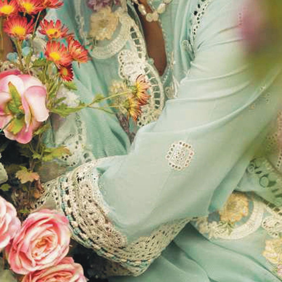 Luxury Unstitched Dress – Floral Embroidery, Lace Detailing, Cutwork & Lace Festive Outfit