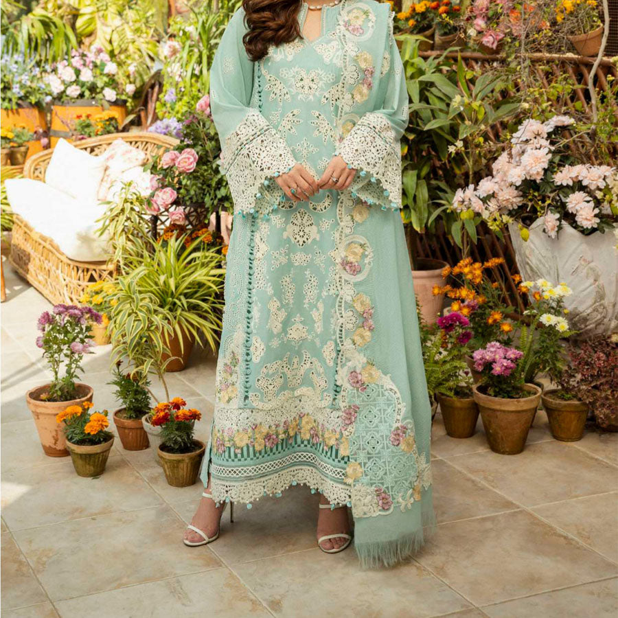 Luxury Unstitched Dress – Floral Embroidery, Lace Detailing, Cutwork & Lace Festive Outfit