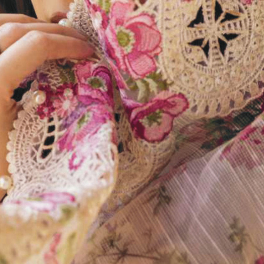 Luxury Unstitched Dress – Floral Embroidery, Lace Detailing, Cutwork & Lace Festive Outfit