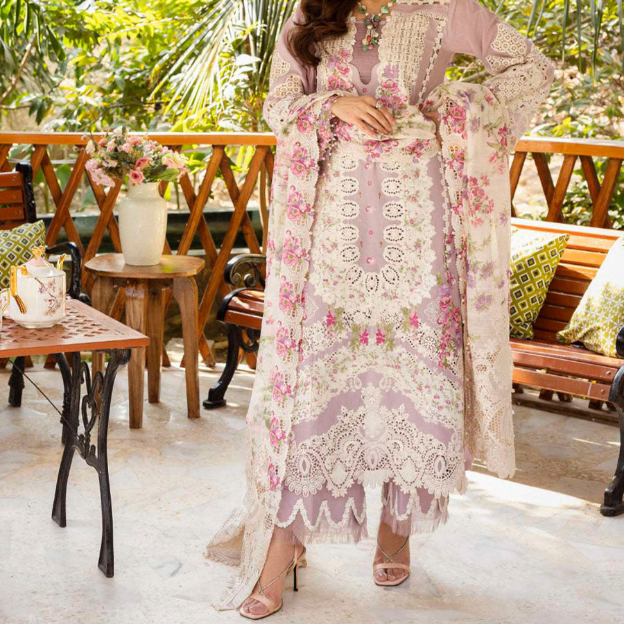 Luxury Unstitched Dress – Floral Embroidery, Lace Detailing, Cutwork & Lace Festive Outfit