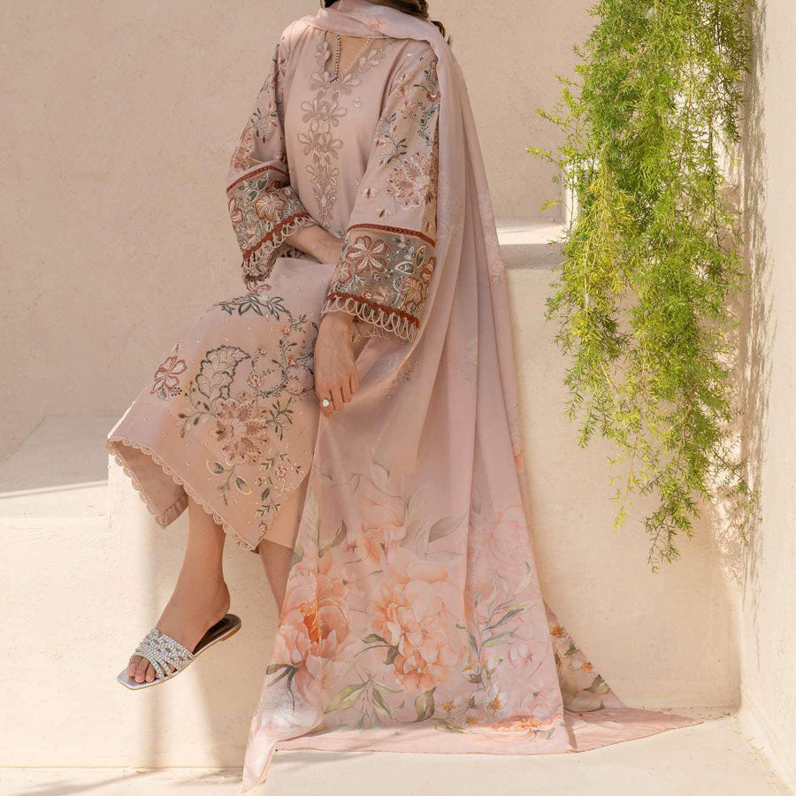 IZNIK Festive Lawn 25 EFL – Luxury Pakistani embroidered lawn suit in pastel shades with delicate floral detailing, intricate embroidery and chiffon dupatta, perfect for festive wear.