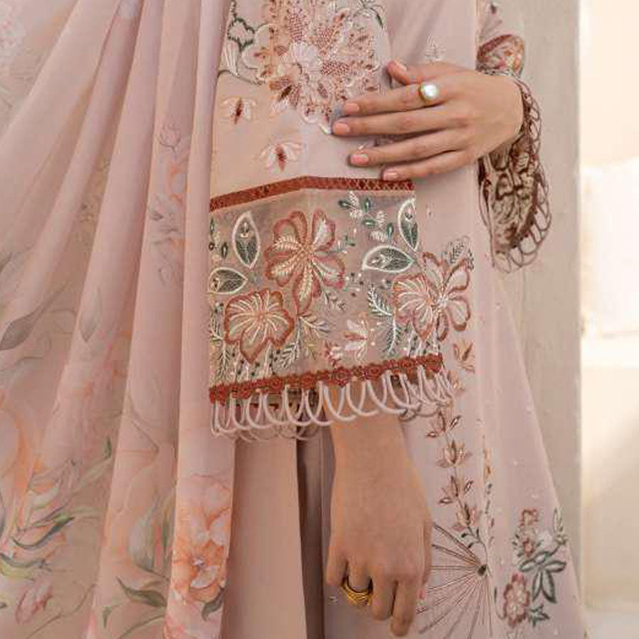 IZNIK Festive Lawn 25 EFL – Luxury Pakistani embroidered lawn suit in pastel shades with delicate floral detailing, intricate embroidery and chiffon dupatta, perfect for festive wear.