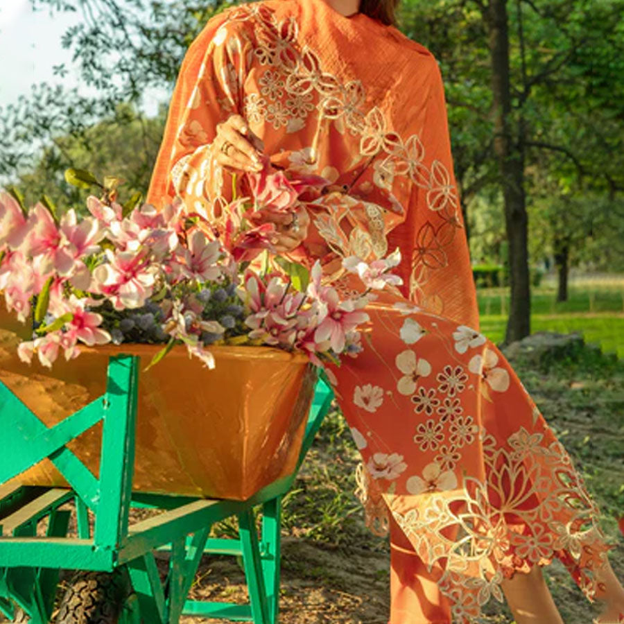 Embroidered lawn suit from Rang Rasiya Carnation Festive Collection, featuring intricate lace and floral designs. Vibrant floral embroidered lawn suit from Rang Rasiya Carnation Festive Collection, exuding summer charm with intricate lacework. Soft pastel floral embroidered lawn suit from Rang Rasiya Carnation Festive Collection, featuring lace sleeves and a delicate pattern.