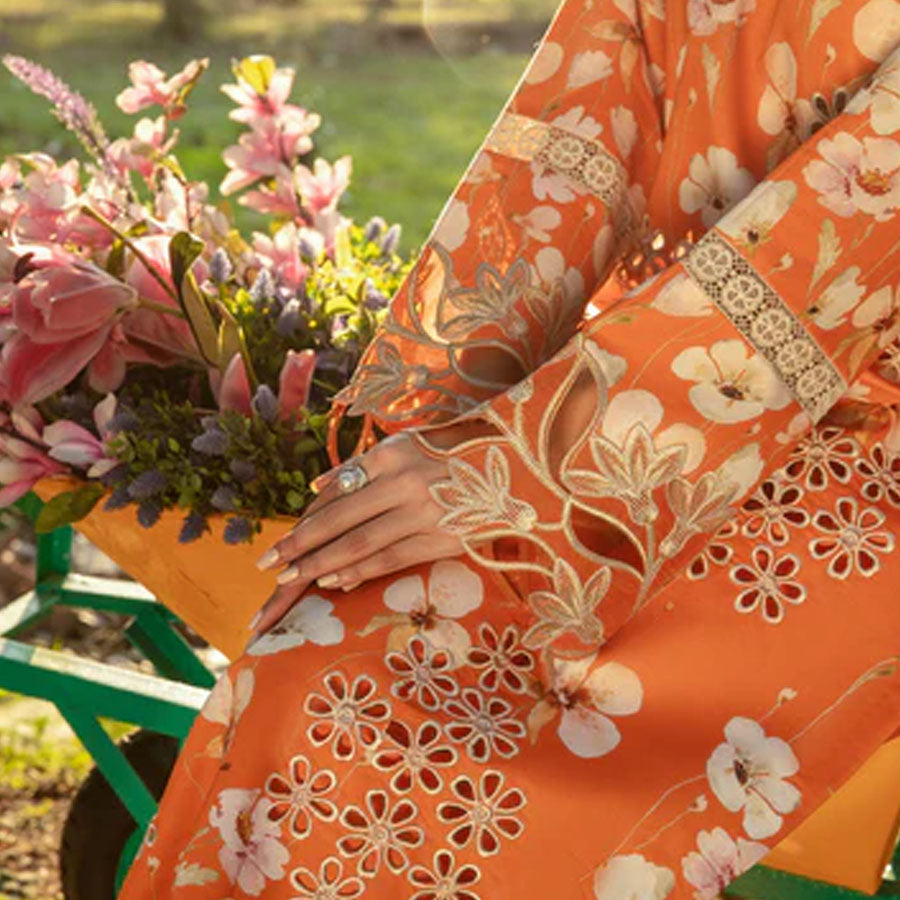 Embroidered lawn suit from Rang Rasiya Carnation Festive Collection, featuring intricate lace and floral designs. Vibrant floral embroidered lawn suit from Rang Rasiya Carnation Festive Collection, exuding summer charm with intricate lacework. Soft pastel floral embroidered lawn suit from Rang Rasiya Carnation Festive Collection, featuring lace sleeves and a delicate pattern.