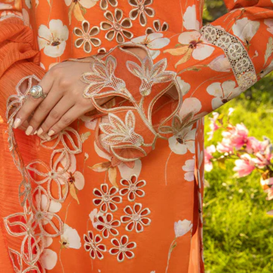 Embroidered lawn suit from Rang Rasiya Carnation Festive Collection, featuring intricate lace and floral designs. Vibrant floral embroidered lawn suit from Rang Rasiya Carnation Festive Collection, exuding summer charm with intricate lacework. Soft pastel floral embroidered lawn suit from Rang Rasiya Carnation Festive Collection, featuring lace sleeves and a delicate pattern.