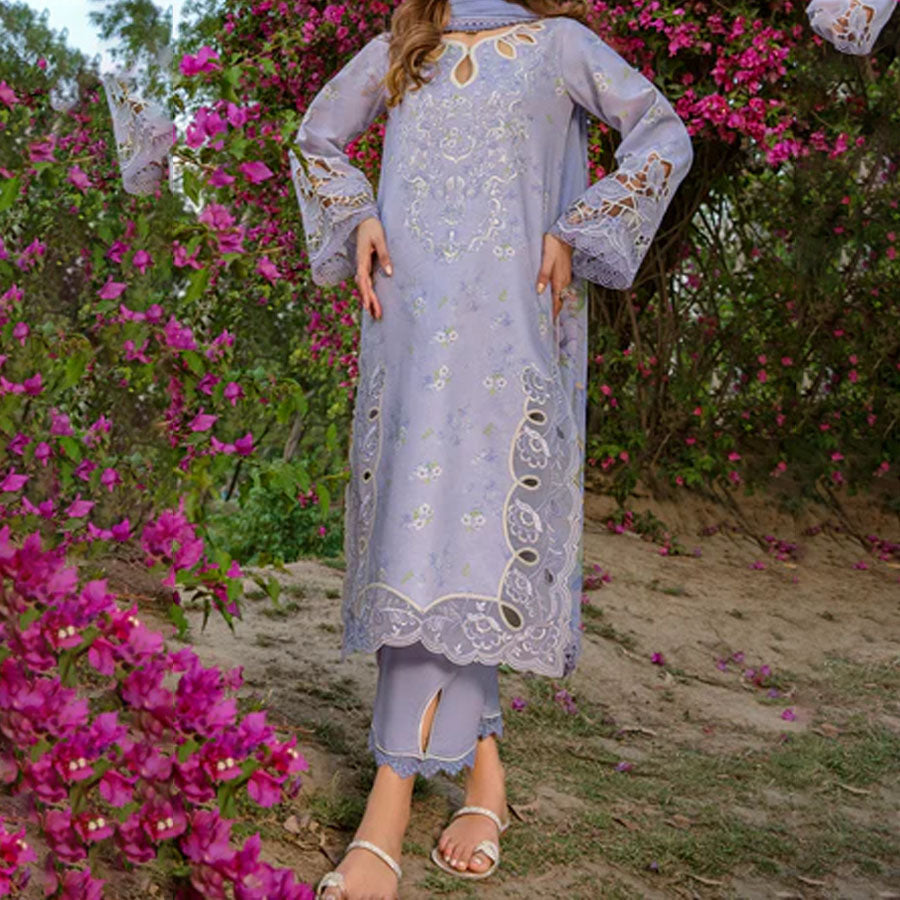 Embroidered lawn suit from Rang Rasiya Carnation Festive Collection, featuring intricate lace and floral designs. Vibrant floral embroidered lawn suit from Rang Rasiya Carnation Festive Collection, exuding summer charm with intricate lacework. Soft pastel floral embroidered lawn suit from Rang Rasiya Carnation Festive Collection, featuring lace sleeves and a delicate pattern.
