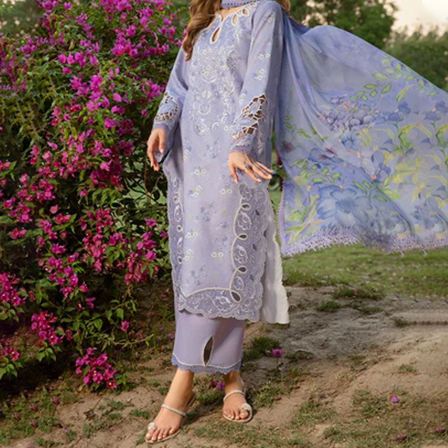 Embroidered lawn suit from Rang Rasiya Carnation Festive Collection, featuring intricate lace and floral designs. Vibrant floral embroidered lawn suit from Rang Rasiya Carnation Festive Collection, exuding summer charm with intricate lacework. Soft pastel floral embroidered lawn suit from Rang Rasiya Carnation Festive Collection, featuring lace sleeves and a delicate pattern.