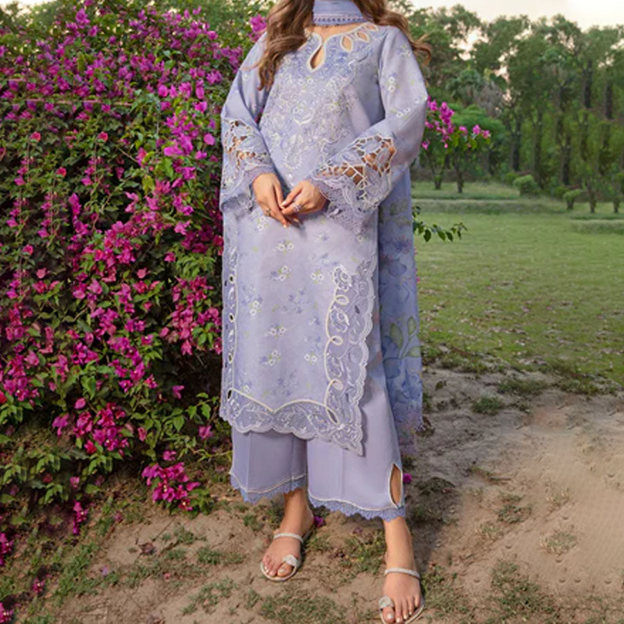 Embroidered lawn suit from Rang Rasiya Carnation Festive Collection, featuring intricate lace and floral designs. Vibrant floral embroidered lawn suit from Rang Rasiya Carnation Festive Collection, exuding summer charm with intricate lacework. Soft pastel floral embroidered lawn suit from Rang Rasiya Carnation Festive Collection, featuring lace sleeves and a delicate pattern.
