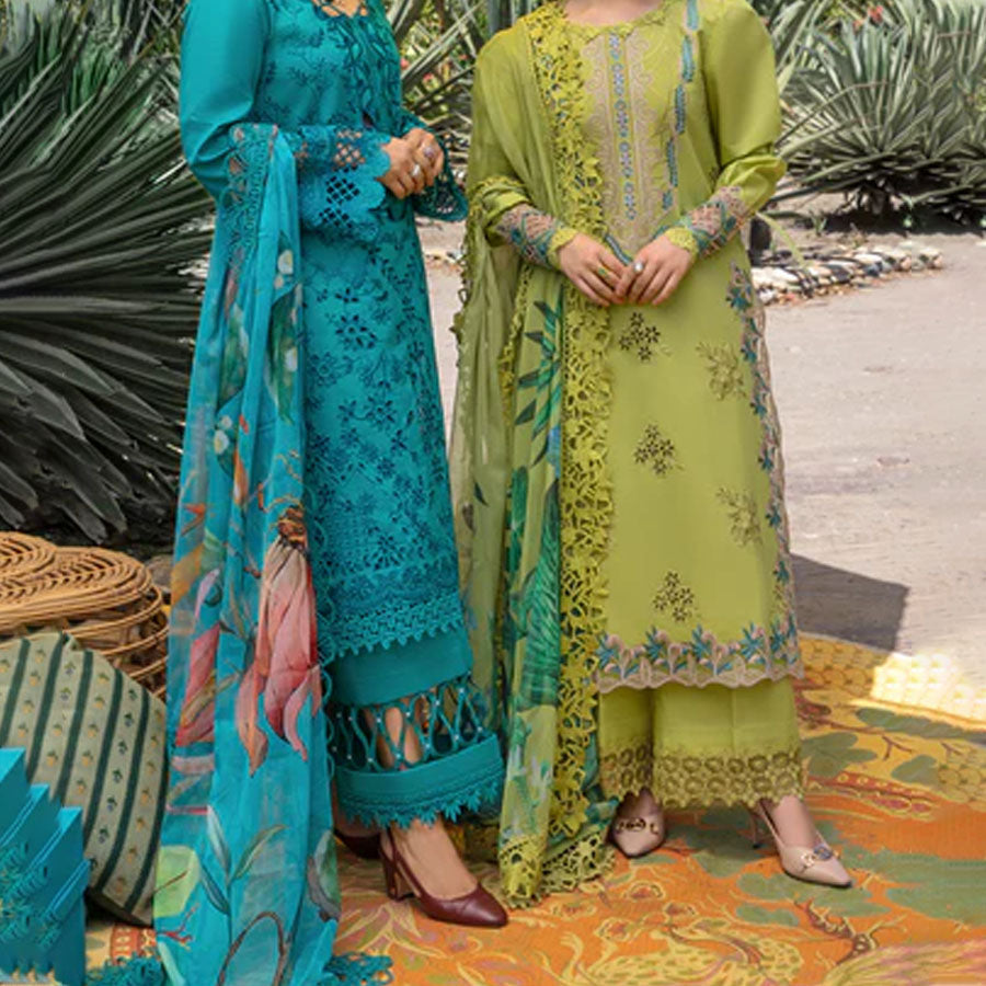 Embroidered lawn suit from Rang Rasiya Carnation Festive Collection, featuring intricate lace and floral designs. Vibrant floral embroidered lawn suit from Rang Rasiya Carnation Festive Collection, exuding summer charm with intricate lacework. Soft pastel floral embroidered lawn suit from Rang Rasiya Carnation Festive Collection, featuring lace sleeves and a delicate pattern.