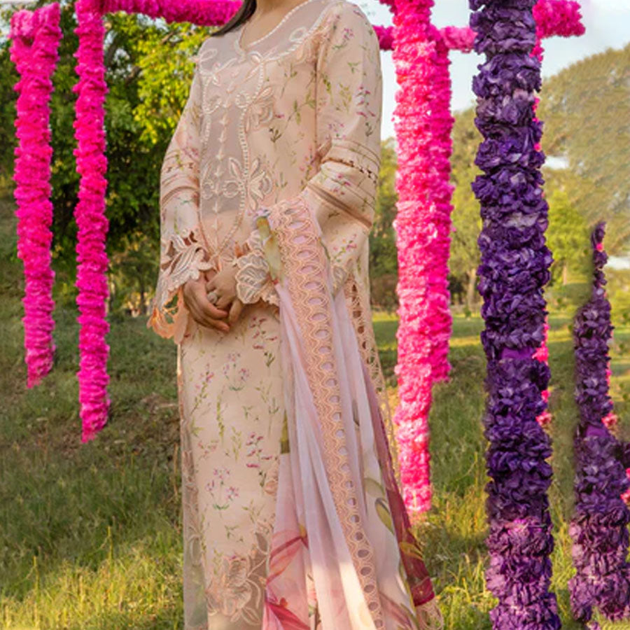 Embroidered lawn suit from Rang Rasiya Carnation Festive Collection, featuring intricate lace and floral designs. Vibrant floral embroidered lawn suit from Rang Rasiya Carnation Festive Collection, exuding summer charm with intricate lacework. Soft pastel floral embroidered lawn suit from Rang Rasiya Carnation Festive Collection, featuring lace sleeves and a delicate pattern.