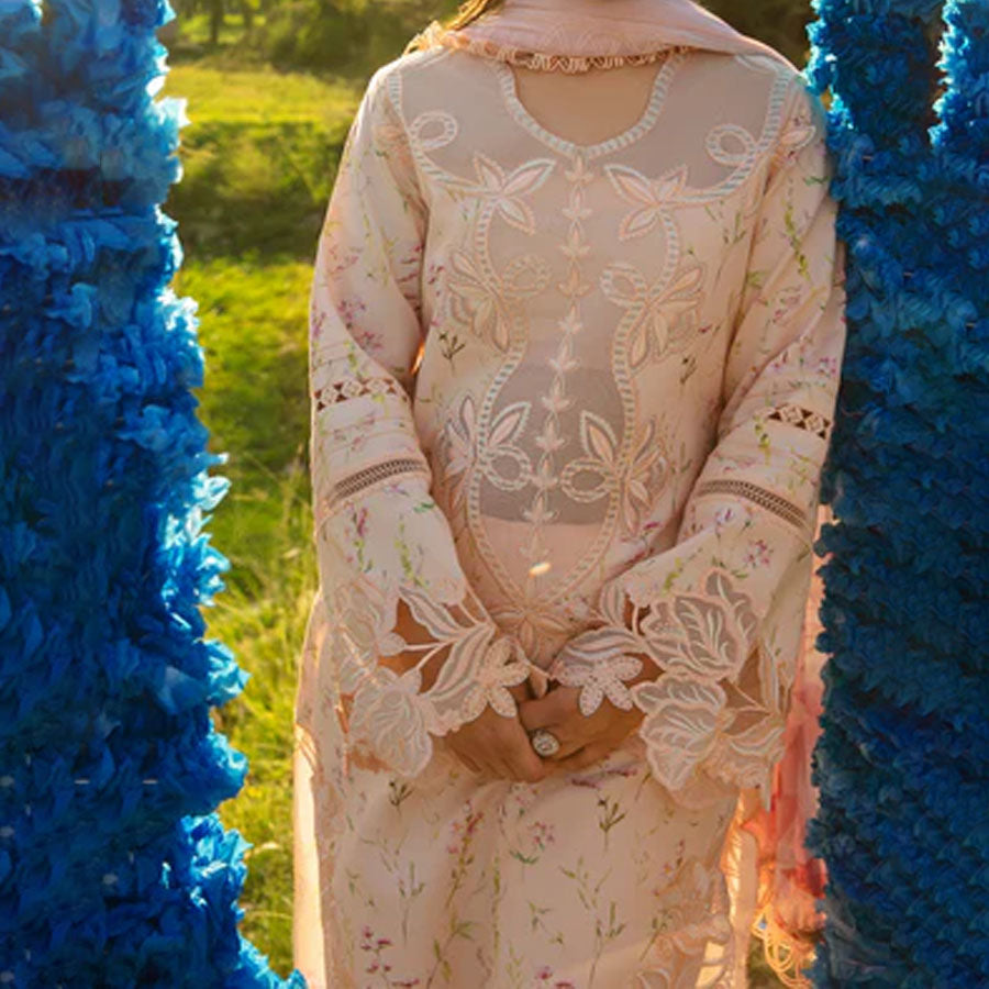 Embroidered lawn suit from Rang Rasiya Carnation Festive Collection, featuring intricate lace and floral designs. Vibrant floral embroidered lawn suit from Rang Rasiya Carnation Festive Collection, exuding summer charm with intricate lacework. Soft pastel floral embroidered lawn suit from Rang Rasiya Carnation Festive Collection, featuring lace sleeves and a delicate pattern.