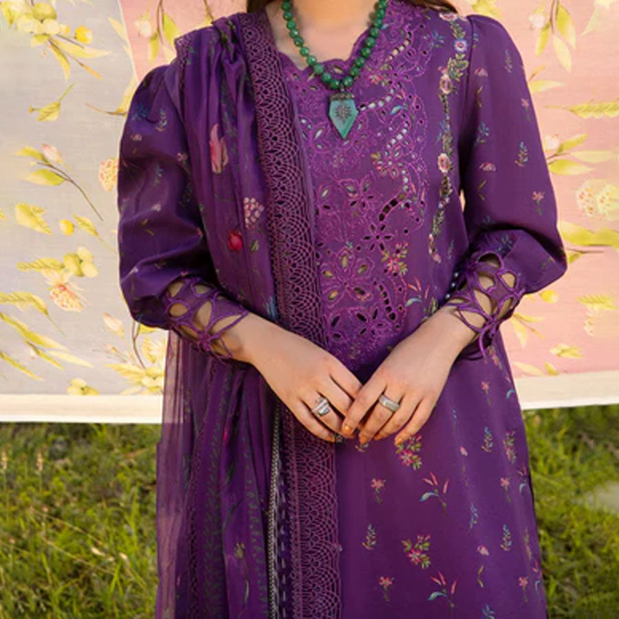 Embroidered lawn suit from Rang Rasiya Carnation Festive Collection, featuring intricate lace and floral designs. Vibrant floral embroidered lawn suit from Rang Rasiya Carnation Festive Collection, exuding summer charm with intricate lacework. Soft pastel floral embroidered lawn suit from Rang Rasiya Carnation Festive Collection, featuring lace sleeves and a delicate pattern.