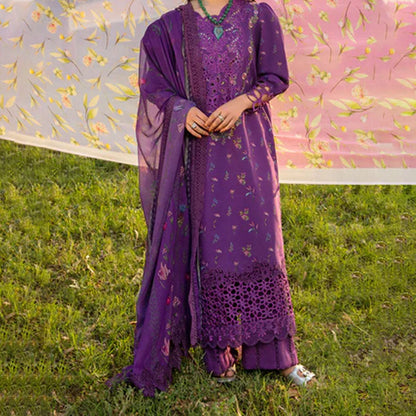 Embroidered lawn suit from Rang Rasiya Carnation Festive Collection, featuring intricate lace and floral designs. Vibrant floral embroidered lawn suit from Rang Rasiya Carnation Festive Collection, exuding summer charm with intricate lacework. Soft pastel floral embroidered lawn suit from Rang Rasiya Carnation Festive Collection, featuring lace sleeves and a delicate pattern.