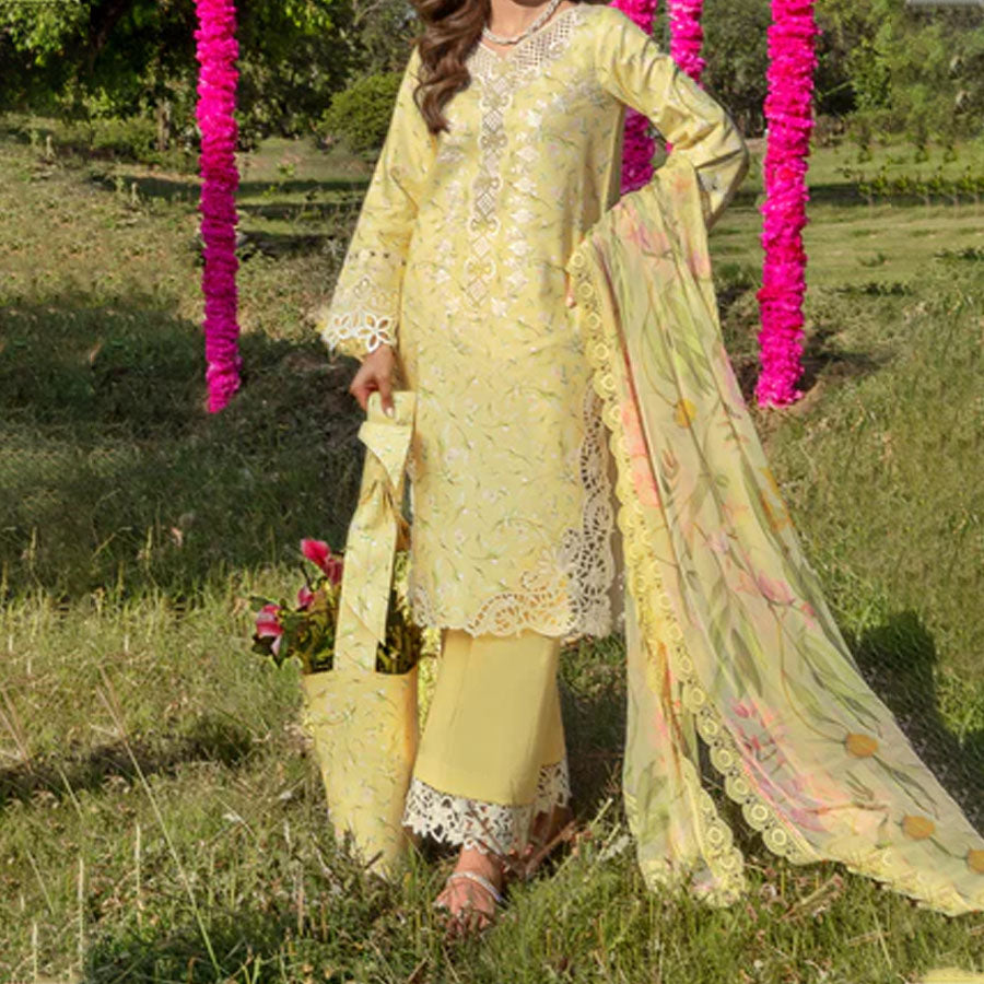 Embroidered lawn suit from Rang Rasiya Carnation Festive Collection, featuring intricate lace and floral designs. Vibrant floral embroidered lawn suit from Rang Rasiya Carnation Festive Collection, exuding summer charm with intricate lacework. Soft pastel floral embroidered lawn suit from Rang Rasiya Carnation Festive Collection, featuring lace sleeves and a delicate pattern.