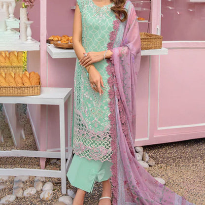 Embroidered lawn suit from Rang Rasiya Carnation Festive Collection, featuring intricate lace and floral designs. Vibrant floral embroidered lawn suit from Rang Rasiya Carnation Festive Collection, exuding summer charm with intricate lacework. Soft pastel floral embroidered lawn suit from Rang Rasiya Carnation Festive Collection, featuring lace sleeves and a delicate pattern.