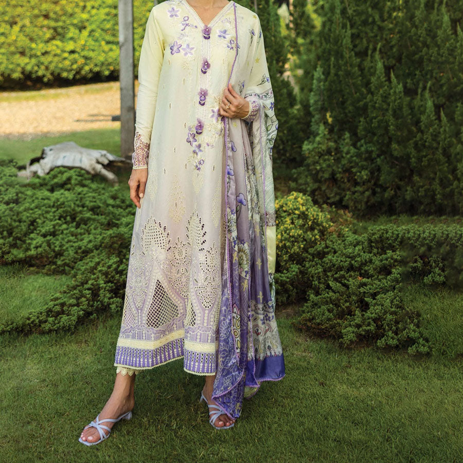 A model wearing a pastel embroidered lawn suit, featuring delicate floral patterns and a matching dupatta, ideal for summer occasions, sitting in a garden setting, showcasing traditional elegance and comfort, wearing a chickenkari embroidered dress.
