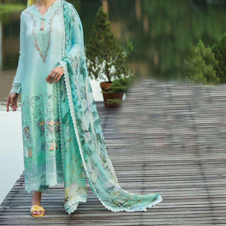A model wearing a pastel embroidered lawn suit, featuring delicate floral patterns and a matching dupatta, ideal for summer occasions, sitting in a garden setting, showcasing traditional elegance and comfort, wearing a chickenkari embroidered dress.