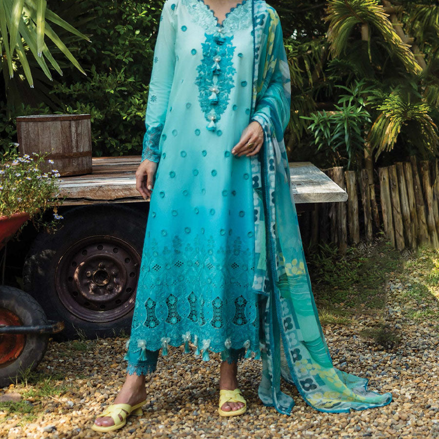 A model wearing a pastel embroidered lawn suit, featuring delicate floral patterns and a matching dupatta, ideal for summer occasions, sitting in a garden setting, showcasing traditional elegance and comfort, wearing a chickenkari embroidered dress.
